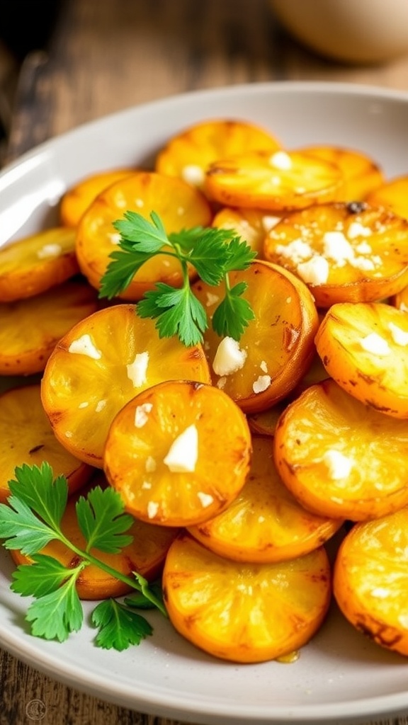 Crispy air fryer yellow squash slices on a plate, garnished with Parmesan and parsley.